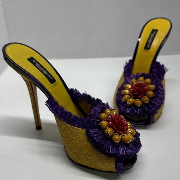 Dolce & Gabbana Keira Straw Mules Heels Open Toe Pumps Shoes Yellow Size EU 37 7 - Picture 12 of 13